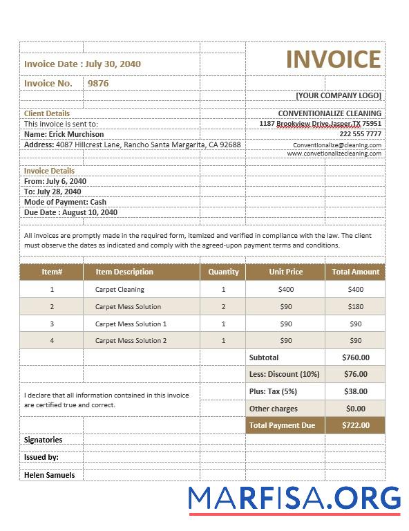 Blank Carpet Cleaning Service Invoice Template